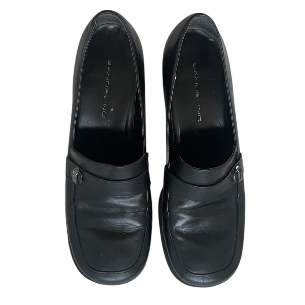 Vintage 90s‎ Bandolino Black Leather Block Heel Wide Square Toe Loafers 8.5 - Picture 2 of 11